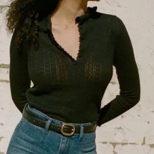 Black Doen Pointelle Henley with Collar